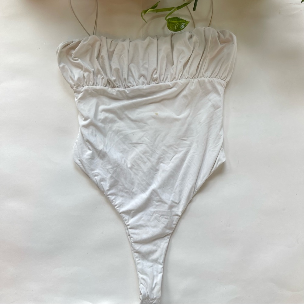 Meshki Celena Ruched White Bodysuit with Elastic Straps